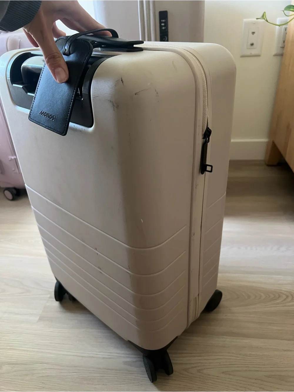 Monos Cream Spinner Luggage - Compact Travel Carry-On